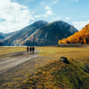 Autumn landscape in Conguillio National Park, Temuco, Chile and three visitors walking