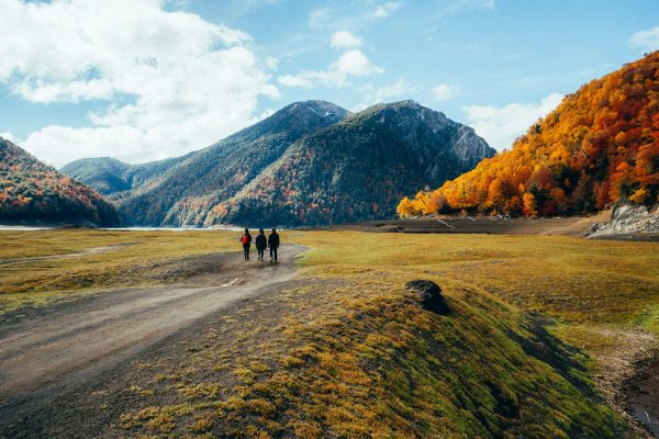 Autumn landscape in Conguillio National Park, Temuco, Chile and three visitors walking